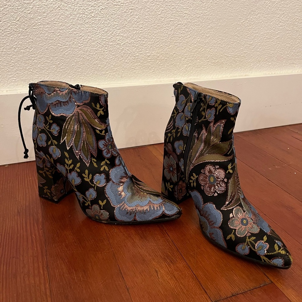 Anthropologie Black and Blue Embroidered Ankle Boots